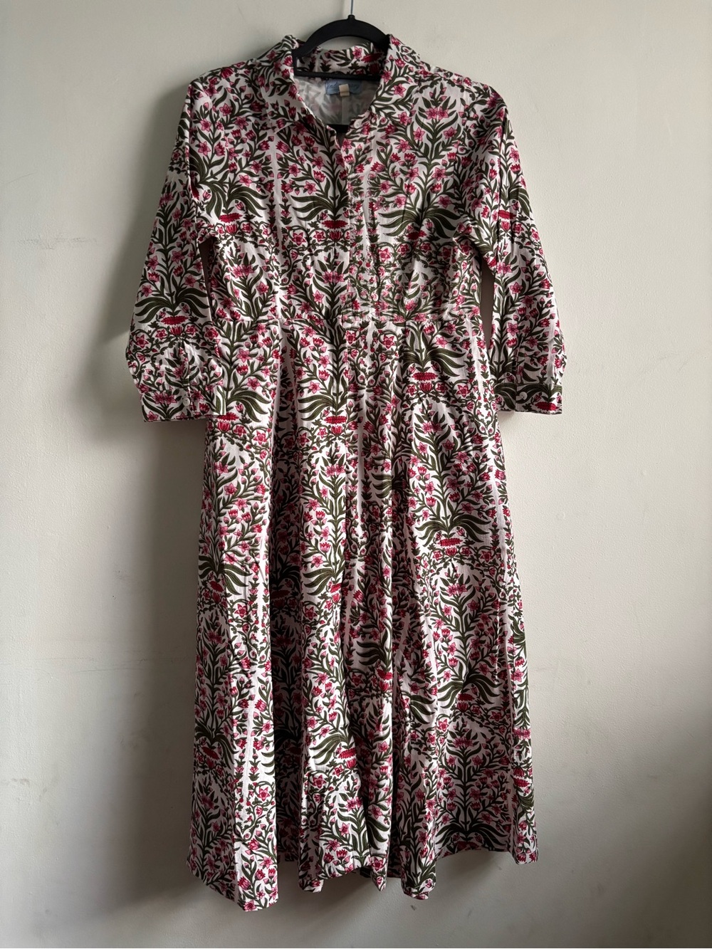 Floral Button-Front Midi Dress in Cream, Pink & Green